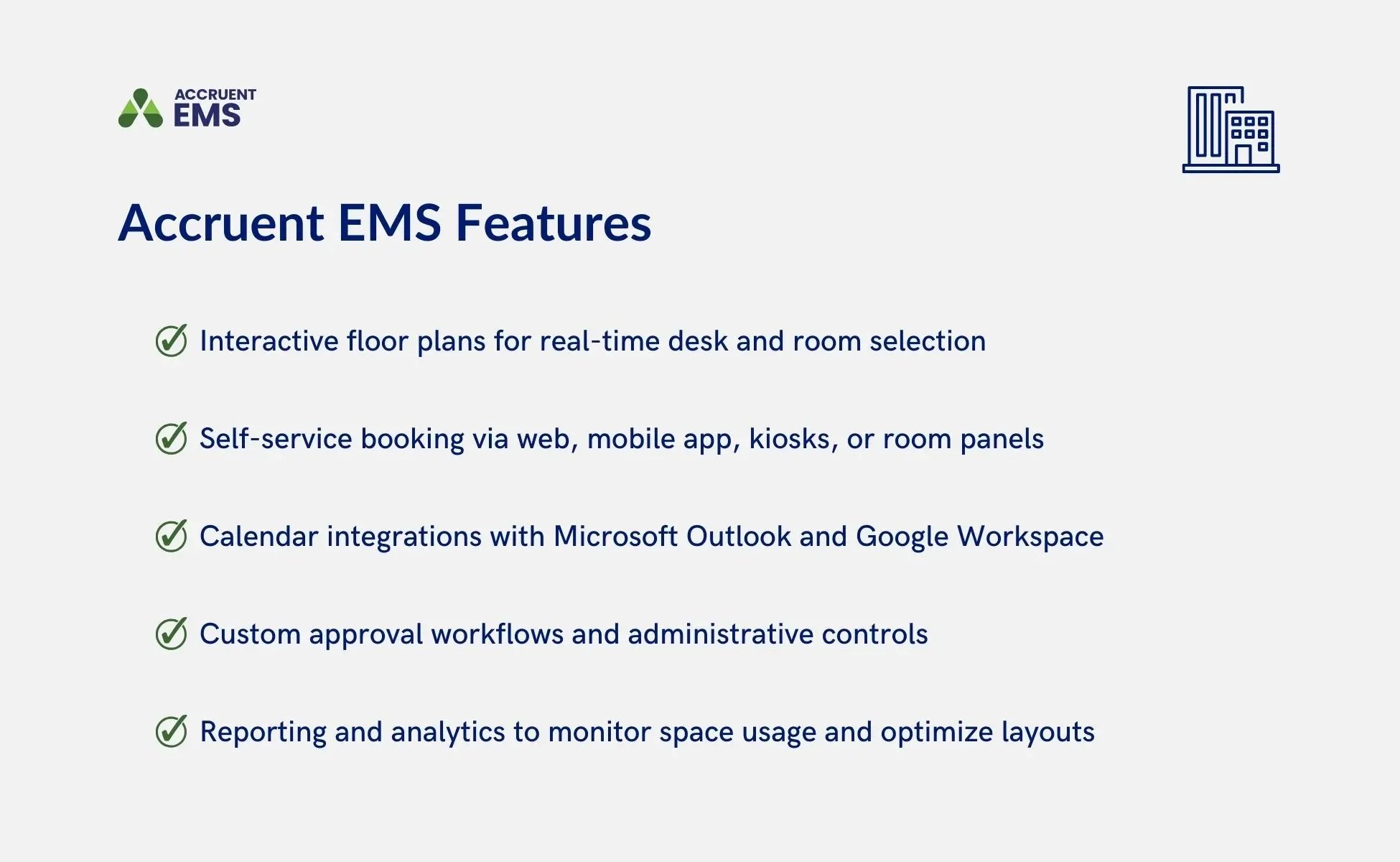 A graphic shows five Accruent EMS features, including interactive floor plans, self-service booking, calendar integrations, custom approval workflows, and reporting and analytics.